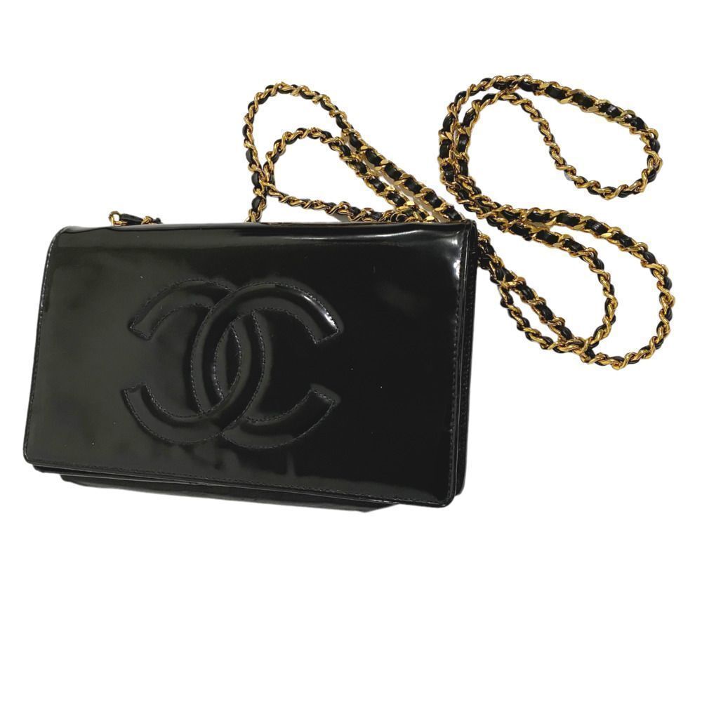 Chanel Vintage Black Patent Leather CC Logo Wallet On Chain WOC Bag